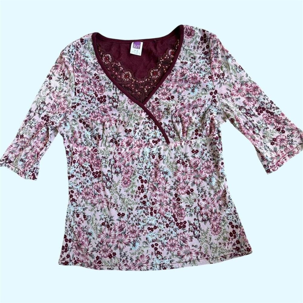Pink mesh floral babydoll blouse with beaded details